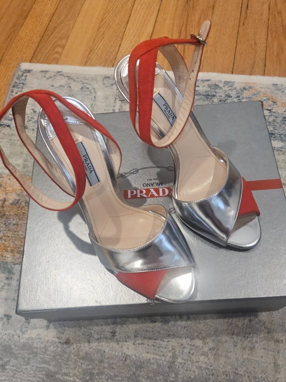 Prada Silver Leather & Red Suede Ankle Strap Heels